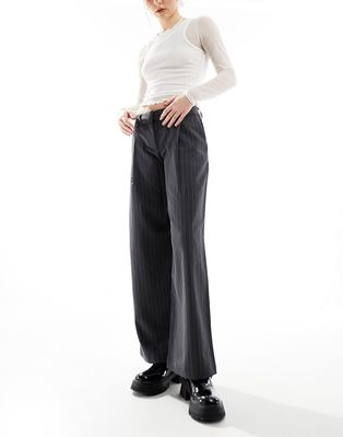 Monki wide leg tailored pants in gray pinstripe