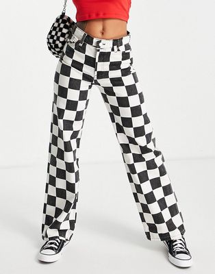 Monki Yoko cotton checkerboard wide legs jeans in black and white - BLACK