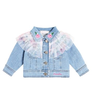 Monnalisa Baby embroidered ruffled tulle denim jacket