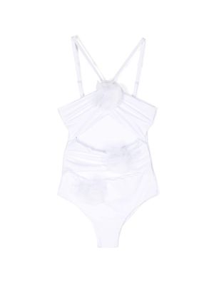 Monnalisa floral-appliqué ruched-detail swimsuit - White