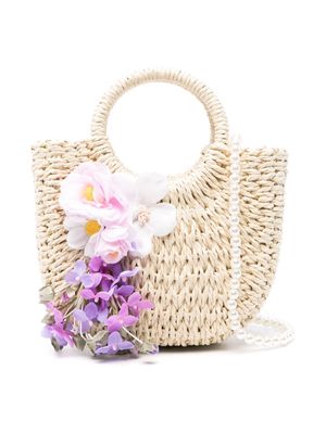 Monnalisa floral-appliqué woven-raffia bag - Neutrals