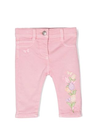 Monnalisa floral-embroidered five-pocket trousers - Pink