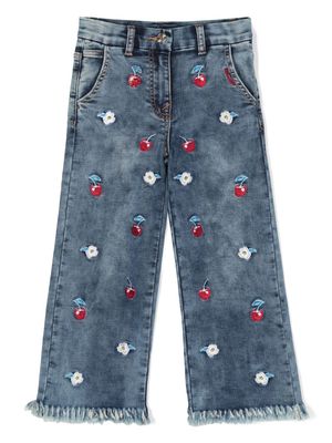 Monnalisa floral-embroidered frayed-cuff jeans - Blue