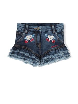 Monnalisa floral-embroidered peplum denim shorts - Blue