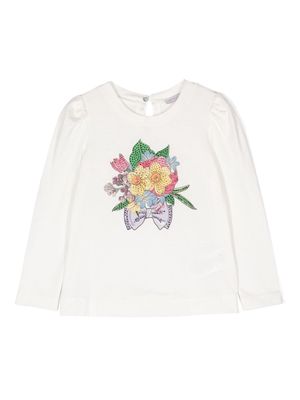 Monnalisa floral-embroidery long-sleeve tunic - White