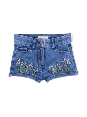 Monnalisa floral-embroidery washed-denim shorts - Blue