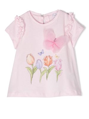 Monnalisa floral-print butterfly-appliqué T-shirt - Pink