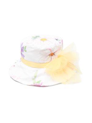 Monnalisa floral-print ribbon-trim bucket hat - White