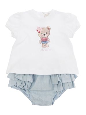 Monnalisa Light Blue And White T-shirt And Culottes Set In Cotton Baby