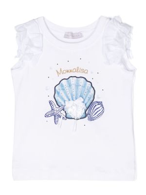 Monnalisa logo-embroidered shell-print top - White