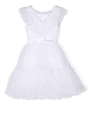 Monnalisa logo-print ruffled dress - White
