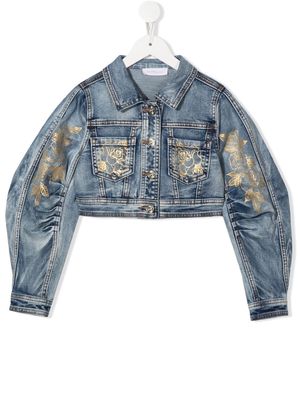 Monnalisa metallic-embroidery cropped denim jacket - Blue