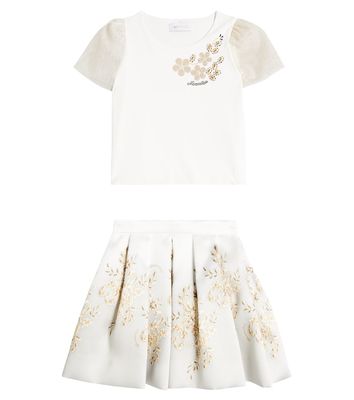 Monnalisa Mikado embroidered cotton-blend top and skirt set