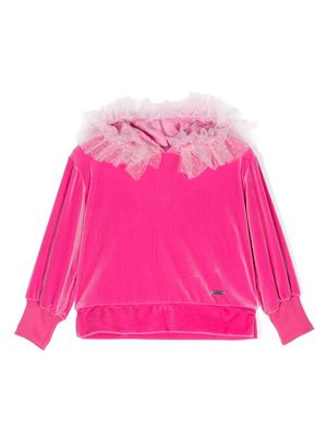 Monnalisa point d'esprit-mesh velvet hoodie - Pink