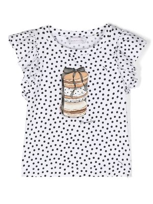 Monnalisa polka-dot graphic ruffle-sleeve T-shirt - White