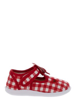 Monnalisa Red And White Shoes With Check Motif And Heart Cut-out In Stretch Cotton Baby