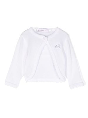 Monnalisa rhinestone-embellished logo cotton cardigan - White