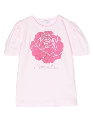 Monnalisa rose-print puff-sleeve T-shirt - Pink