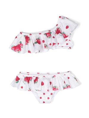 Monnalisa strawberry-print ruffled bikini - White