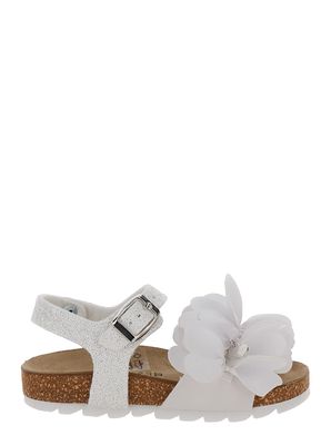 Monnalisa White Sandals With Petals And Glitters In Polyurethane Girl