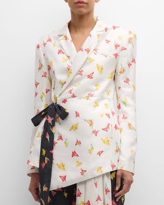 Monrow Butterfly-Print Satin Wrap Blazer Jacket