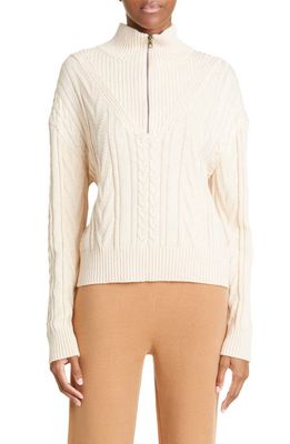Monrow Half-Zip Cotton Blend Cable Sweater in Off White