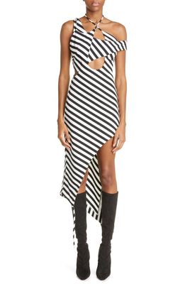 MONSE Asymmetric Stripe Cutout Midi Dress in Black/White