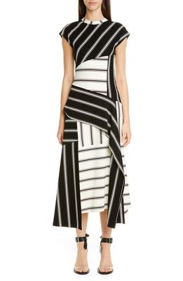 MONSE Asymmetrical Stripe Jersey Midi Dress in Black/Ecru