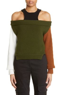MONSE Colorblock Off the Shoulder Sweater in Olive