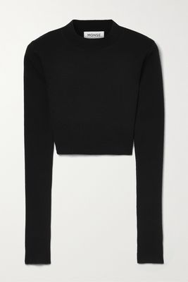 Monse - Cropped Open-back Leather-trimmed Merino Wool-blend Top - Black