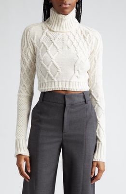 MONSE Cutout Cable Knit Crop Merino Wool Turtleneck Sweater in Ivory