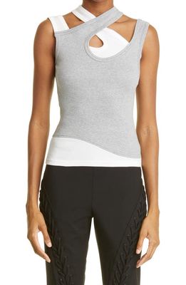 MONSE Double Layer Ribbed Cutout Cotton & Silk Blend Tank Top in Light Grey/Ivory