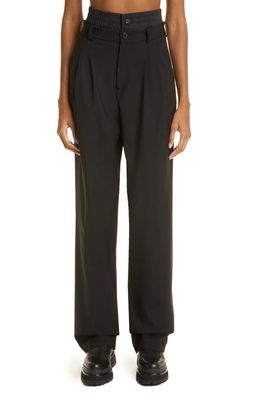 MONSE Double Waistband Pleated Straight Leg Stretch Wool Pants in Black