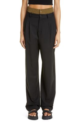 MONSE Double Waistband Straight Leg Stretch Virgin Wool Trousers in Black/Olive