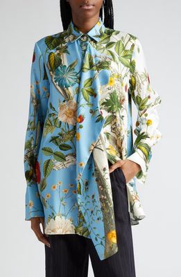 MONSE Floral Skeleton Print Silk Button-Up Shirt in Blue/Ivory Multi