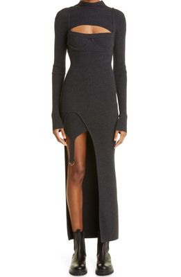 MONSE Garter Hem Cutout Long Sleeve Merino Wool Blend Sweater Dress in Charcoal