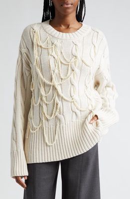 MONSE Imitation Pearl Detail Cable Merino Wool Sweater in Ivory