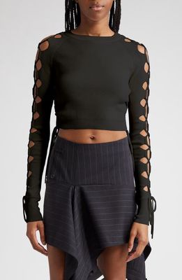 MONSE Lace Sleeve Detail Merino Wool Blend Crop Sweater in Black