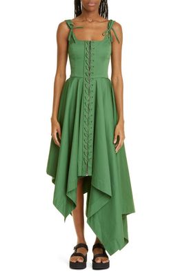 MONSE Laced Front Asymmetric Stretch Cotton Dress in Green