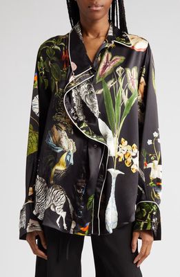 MONSE Mixed Print Silk Pajama Blouse in Black Print