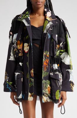 MONSE Mixed Print Stretch Cotton Cargo Jacket in Black Print