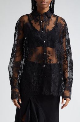 MONSE Open Back Sheer Floral Lace Top in Black