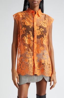 MONSE Open Back Sheer Floral Lace Top in Orange