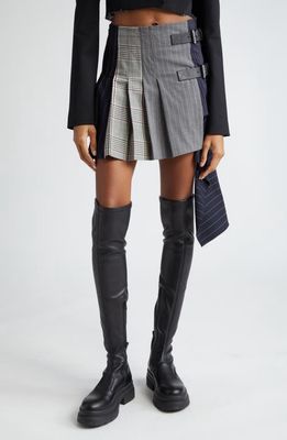 MONSE Patchwork Pleated Wool & Cotton Blend Miniskirt in Black Multi