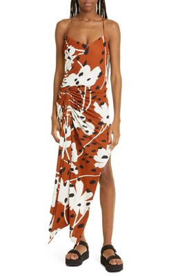 MONSE Ruched Floral Print Asymmetric Jersey Dress in Brown Multi