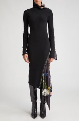 MONSE Scarf Detail Long Sleeve Rib Merino Wool Blend Sweater Dress in Black Print