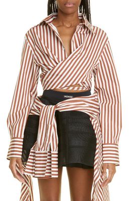 MONSE Stripe Long Sleeve Cotton Wrap Shirt in Brown/Ivory