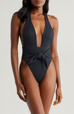 MONTCE Tropez Tie Waist Halter One-Piece Swimsuit in Black Rib