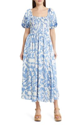 MOON RIVER Abstract Print Smocked Bodice Dress in Blue