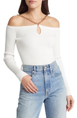 MOON RIVER Chain Detail Off the Shoulder Rib Sweater in Ivory